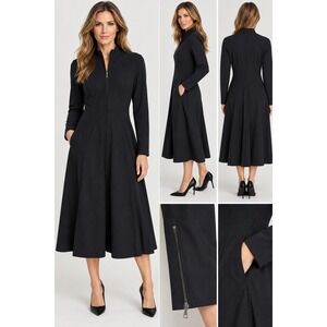 M2057 Maria Pinto Black Full Zip Midi Dress XL Stretch A-Line Made USA
